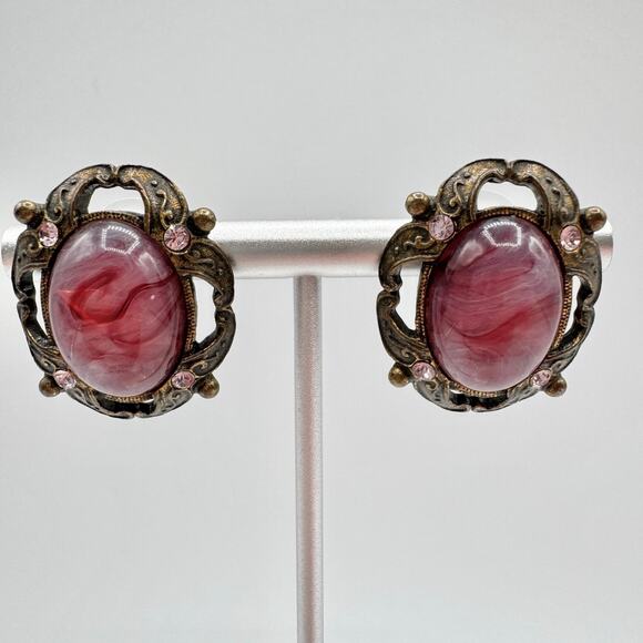 Vintage 1928 Victorian Revival Purple Swirled Lucite Cabochon Pink Rhinestones - Picture 2 of 12